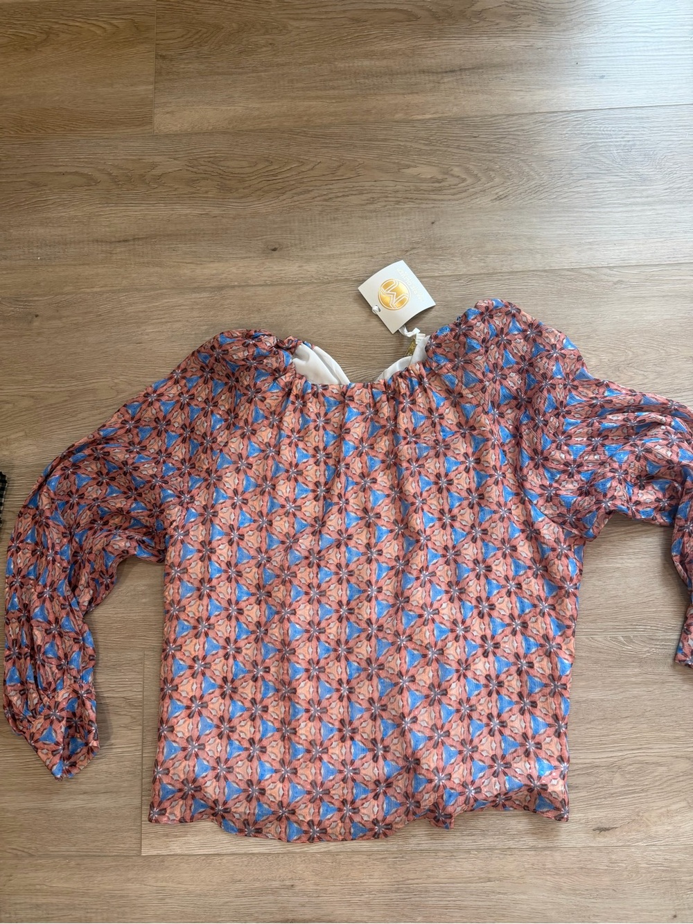 Marie Oliver Coral and Blue Printed Puff-Sleeve Blouse